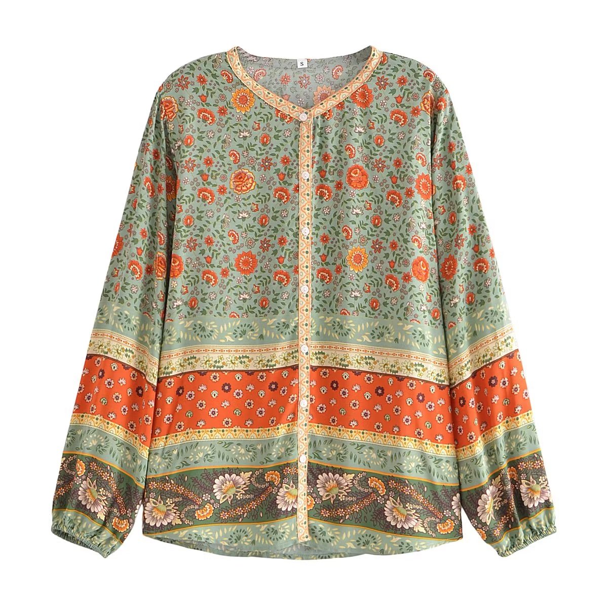 Flower Collarless Long Sleeved Shirt