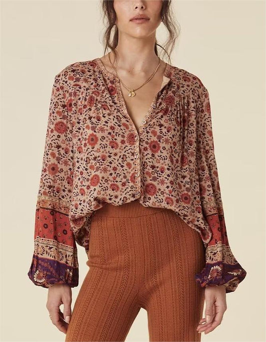 Flower Collarless Long Sleeved Shirt