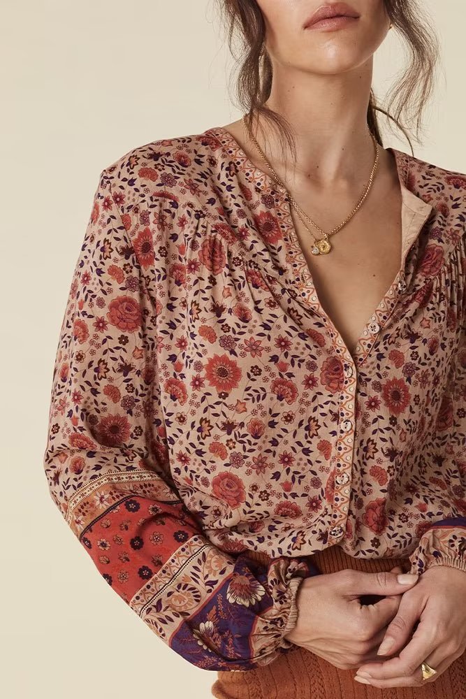 Flower Collarless Long Sleeved Shirt