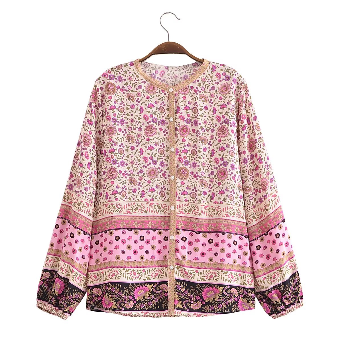 Flower Collarless Long Sleeved Shirt