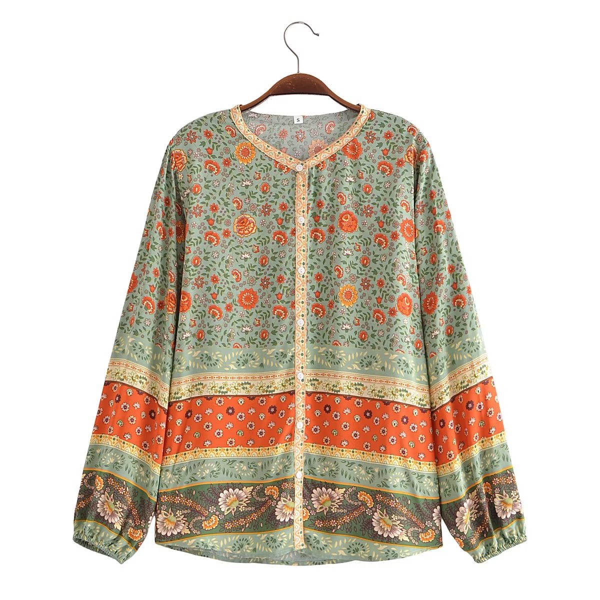 Flower Collarless Long Sleeved Shirt